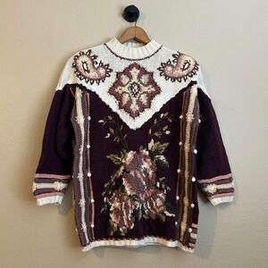 Vintage Knitted Cotton Sweater Jennifer & Company Floral Large Sweater Mock Neck